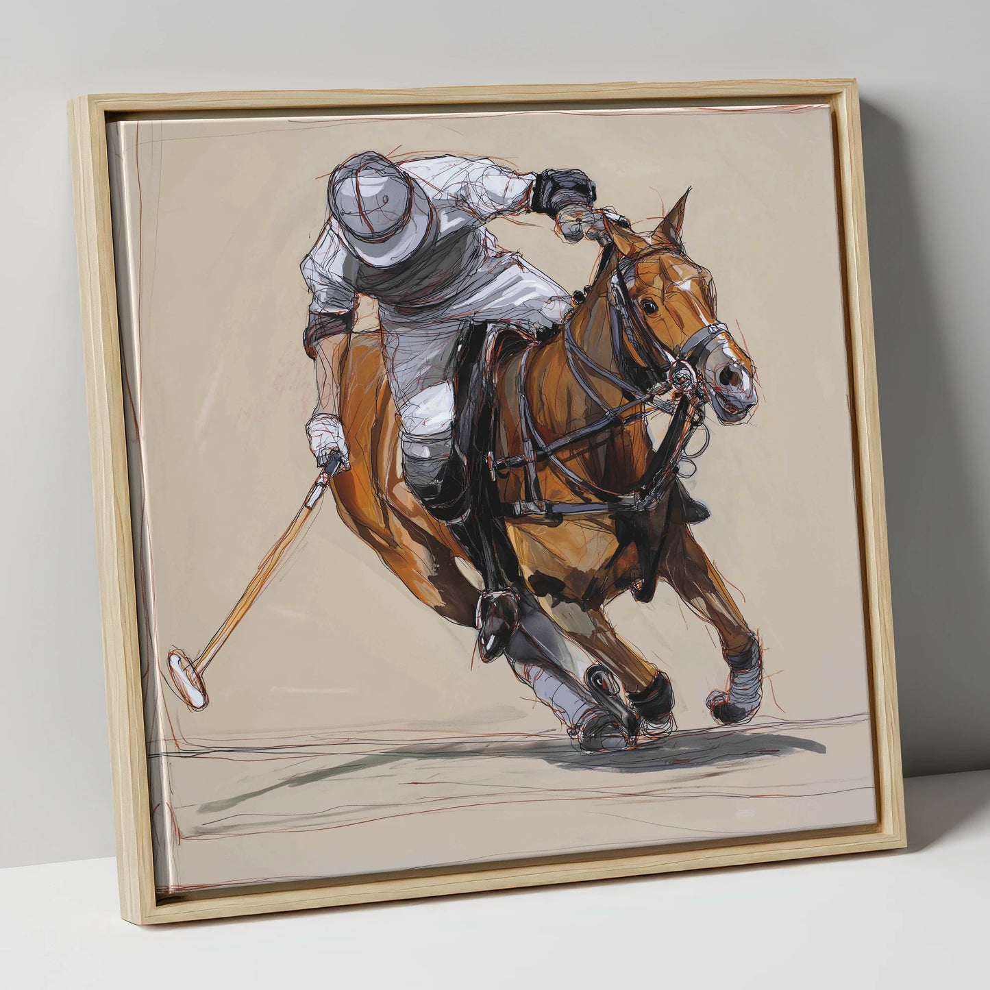 The Decisive Strike polo horse canvas wall art in natural frame