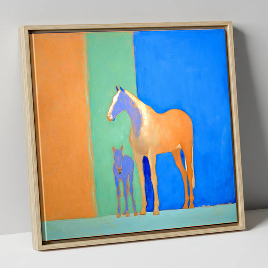 Cobalt and Sand mare & foal canvas wall art in natural frame