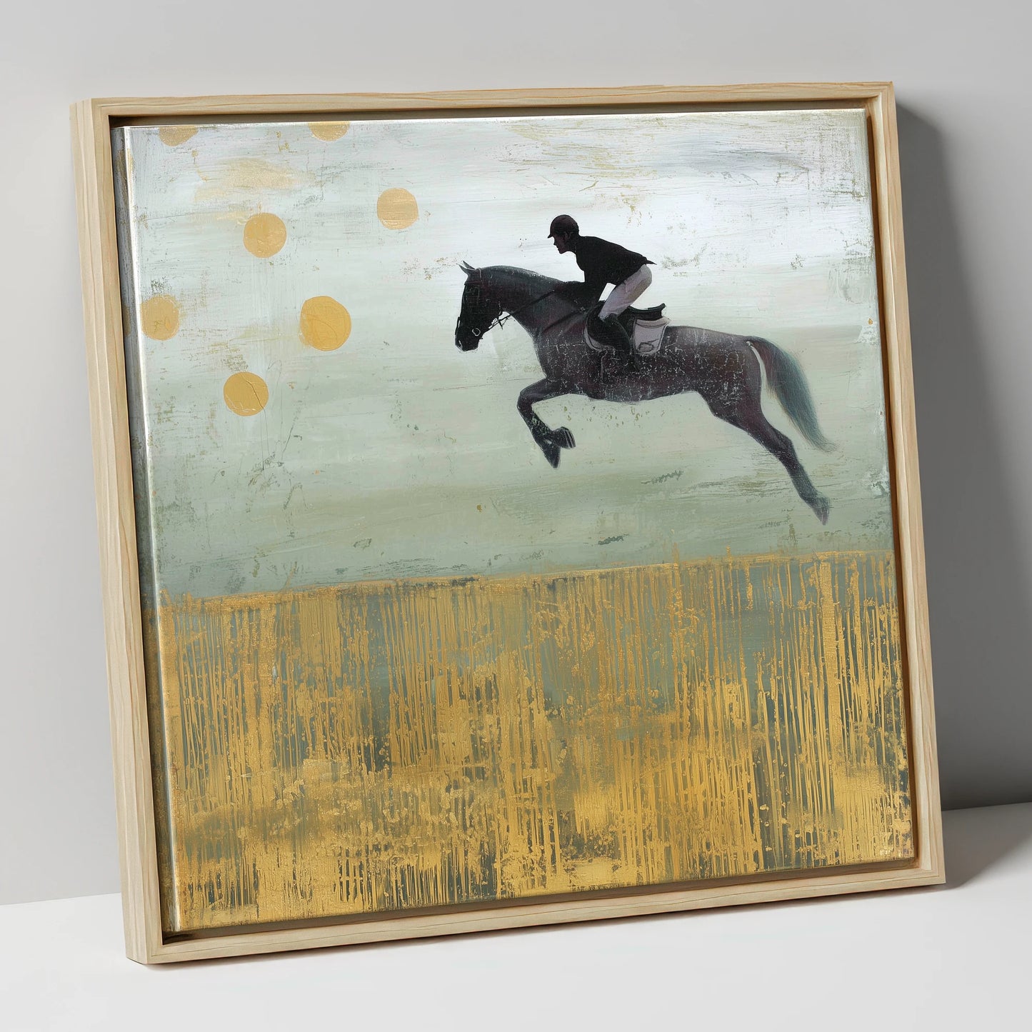 Gilded Flight show jumping horse canvas wall art in natural frame