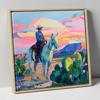 Painted Desert Rider western horse canvas wall art in natural frame