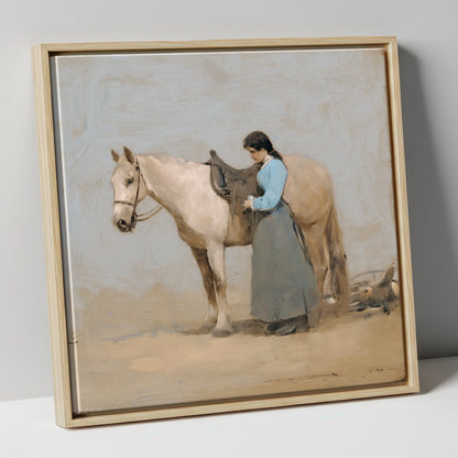 Gentle Preparations horse & rider canvas wall art in natural frame