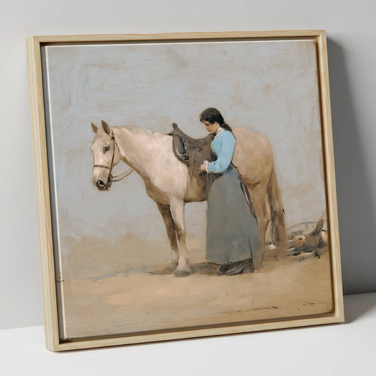 Gentle Preparations horse & rider canvas wall art in natural frame
