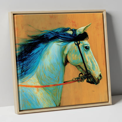 Cerulean Spirit horse portrait canvas wall art in natural frame