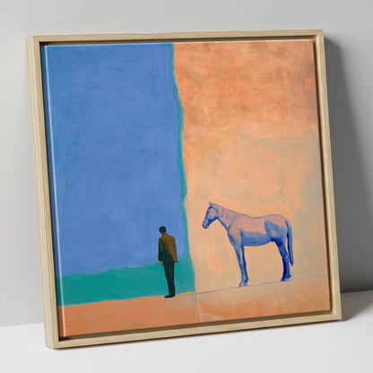 Between Blue and Sand horse & rider canvas wall art in natural frame