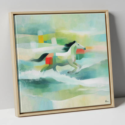 Modern Coastal Canter beach horse canvas wall art in natural frame