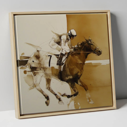 Sepia Racing Stride racing horse canvas wall art in natural frame