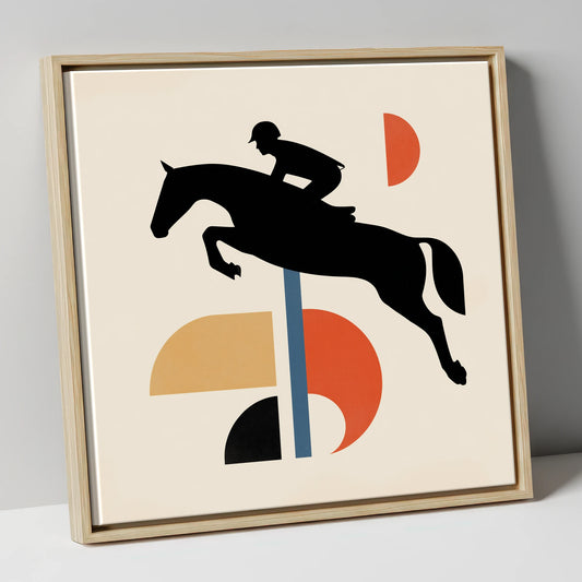 Retro Geometric Showjumper show jumping horse canvas wall art in natural frame