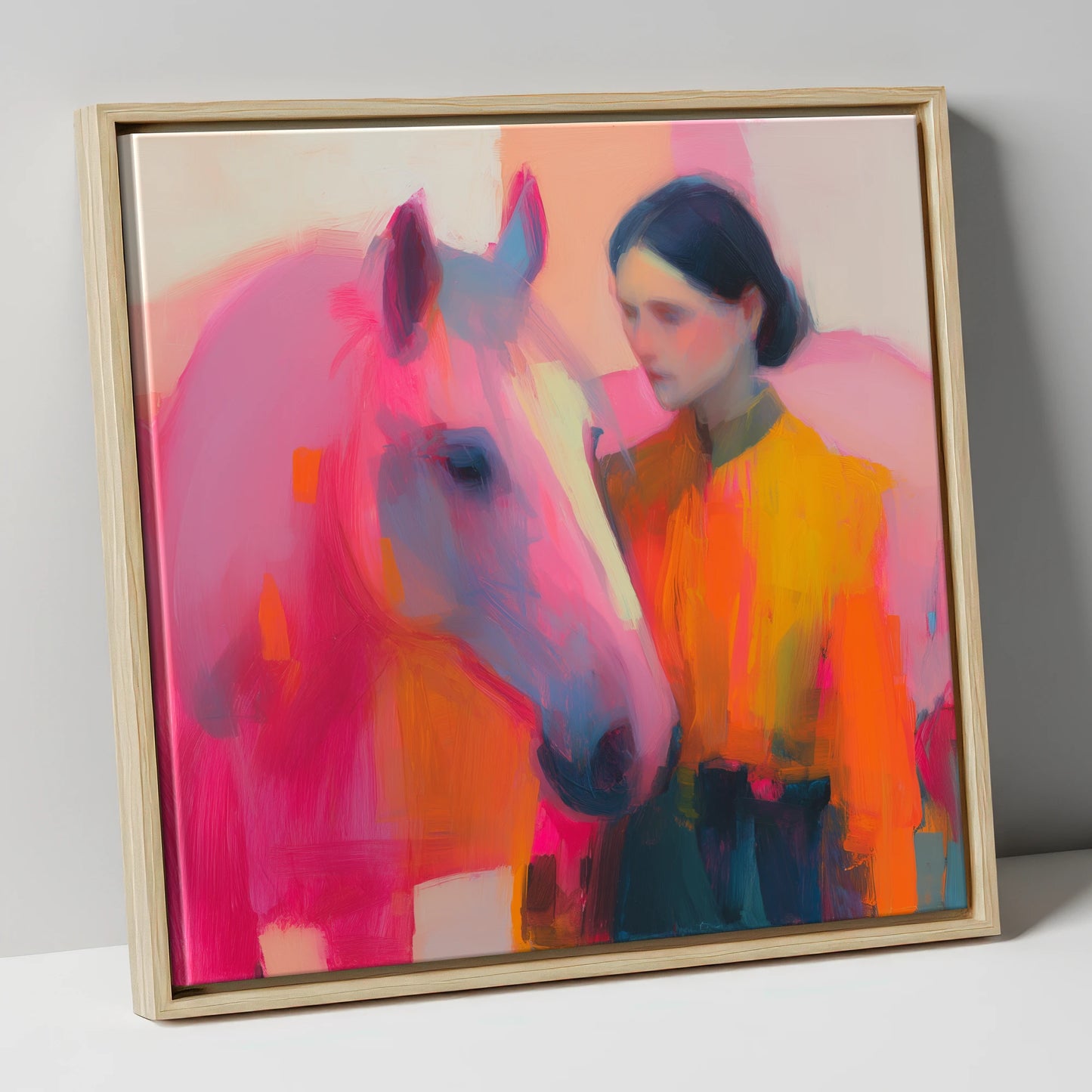 A Vivid Bond horse & rider canvas wall art in natural frame