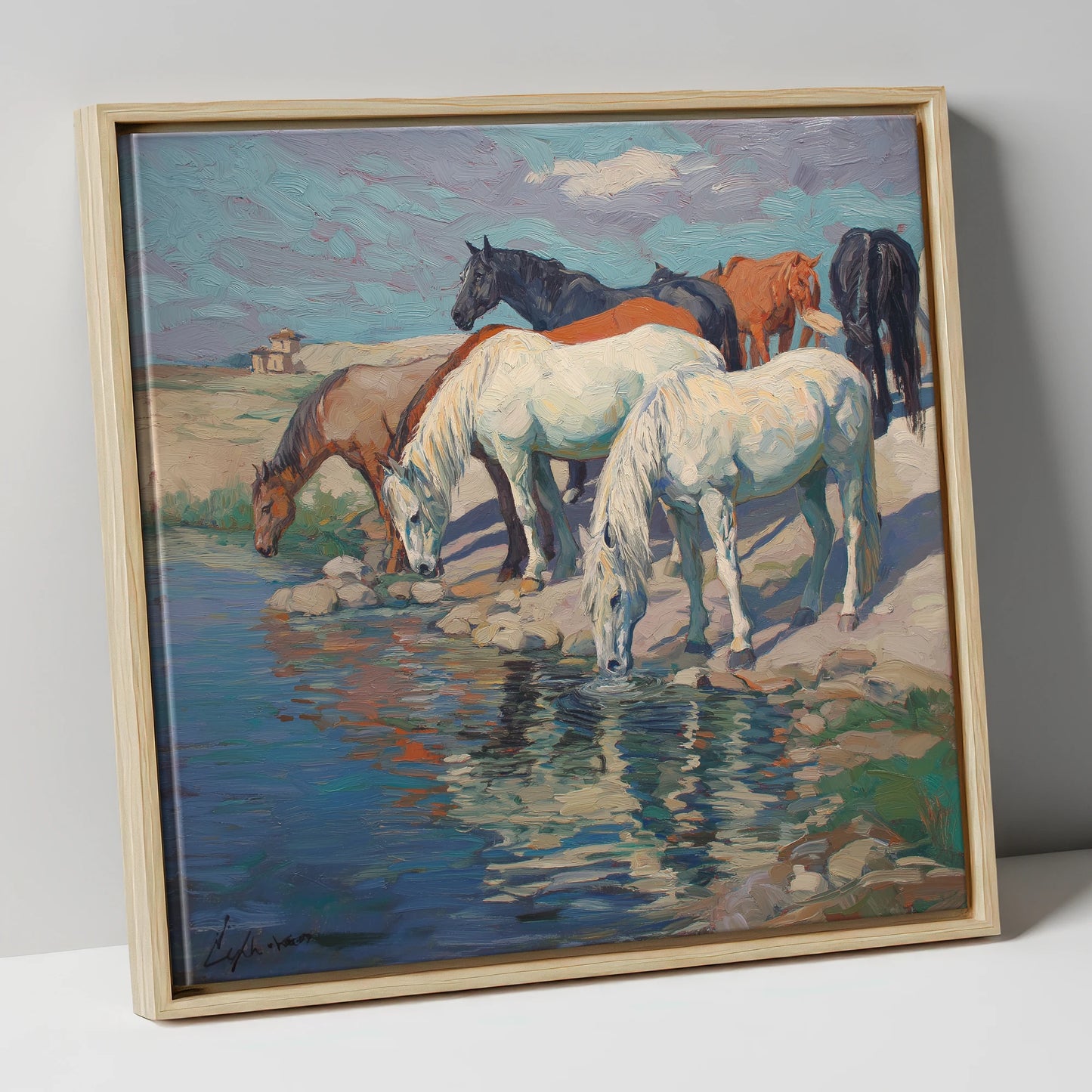 The Watering Hole wild horses canvas wall art in natural frame