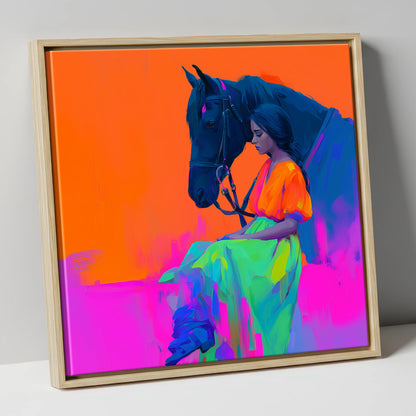 Vivid Connection horse & rider canvas wall art in natural frame