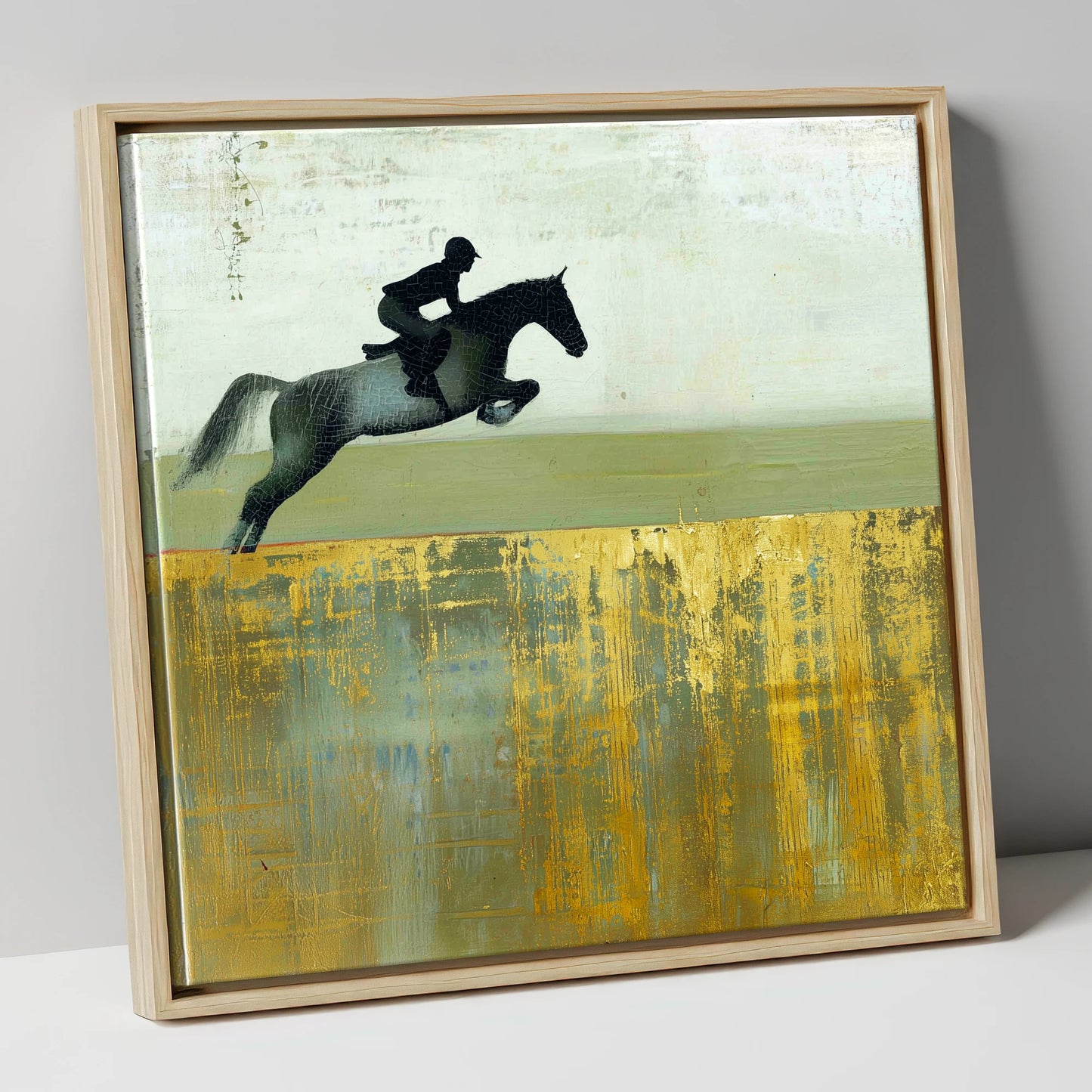 Golden Momentum show jumping horse canvas wall art in natural frame