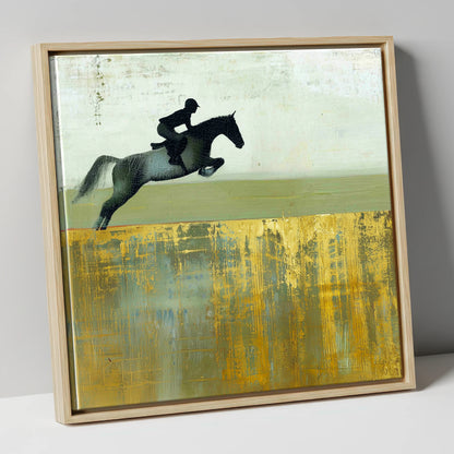 Golden Momentum show jumping horse canvas wall art in natural frame