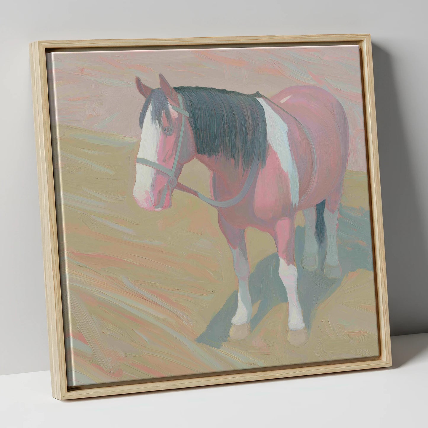 The Gentle Skewbald working horse canvas wall art in natural frame