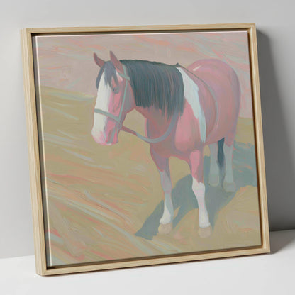 The Gentle Skewbald working horse canvas wall art in natural frame