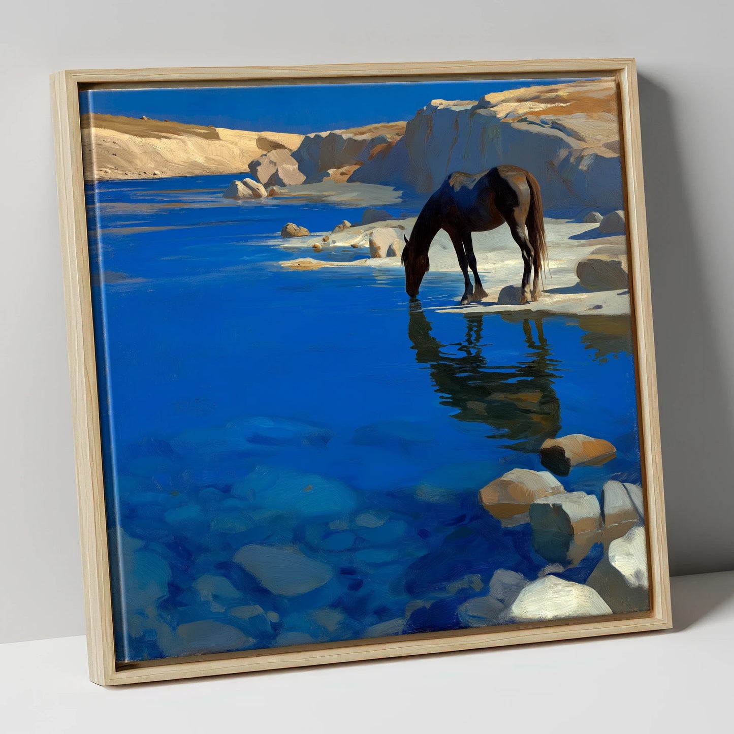 Ultramarine Oasis horse landscape canvas wall art in natural frame