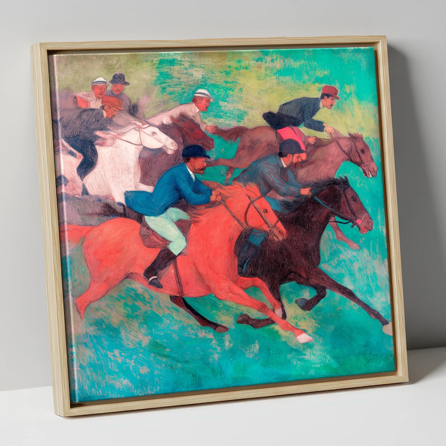 The Crimson Stride racing horse canvas wall art in natural frame