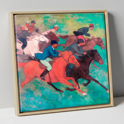 The Crimson Stride racing horse canvas wall art in natural frame