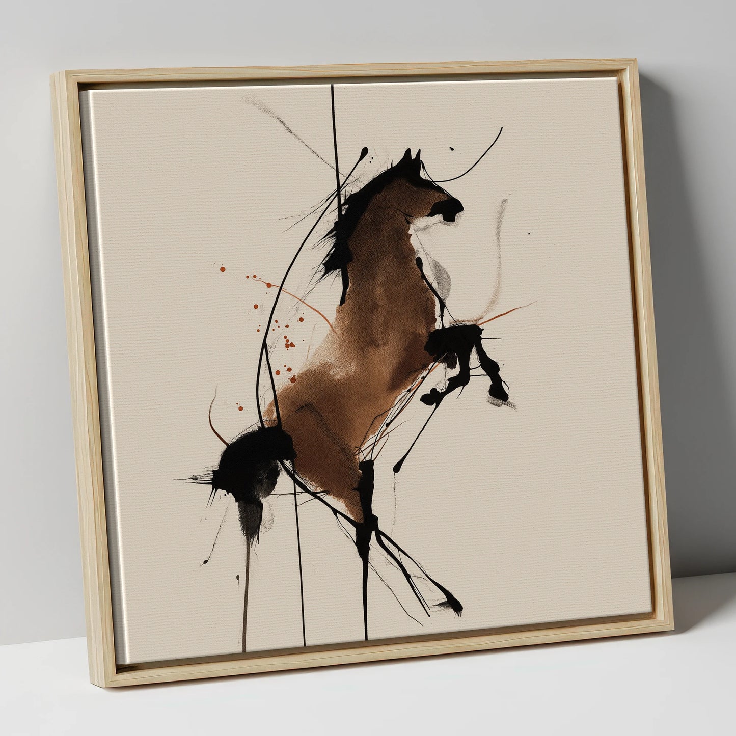 Dynamic Rearing Spirit horse portrait canvas wall art in natural frame