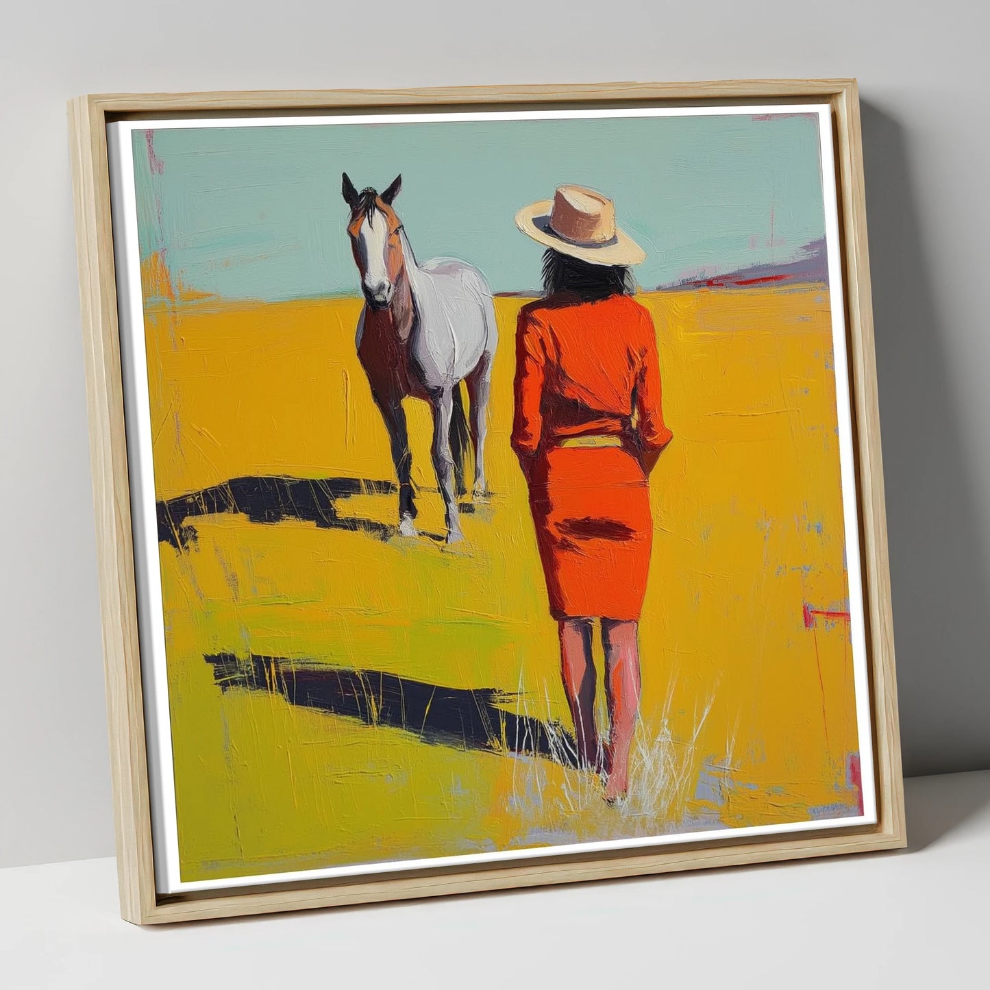 Sunlit Connection horse & rider canvas wall art in natural frame