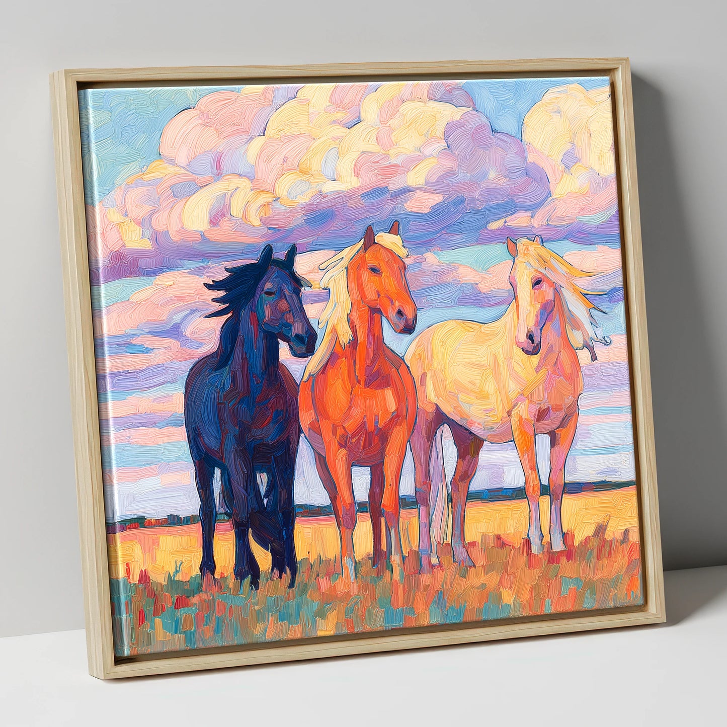 Three Under Painted Skies horse landscape canvas wall art in natural frame