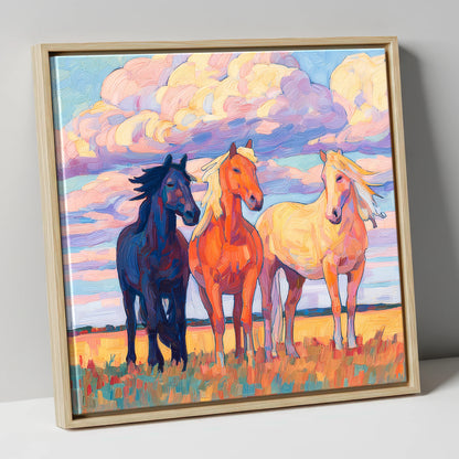 Three Under Painted Skies horse landscape canvas wall art in natural frame