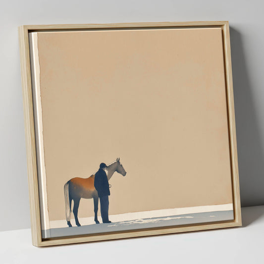 Stillness Together horse & rider canvas wall art in natural frame