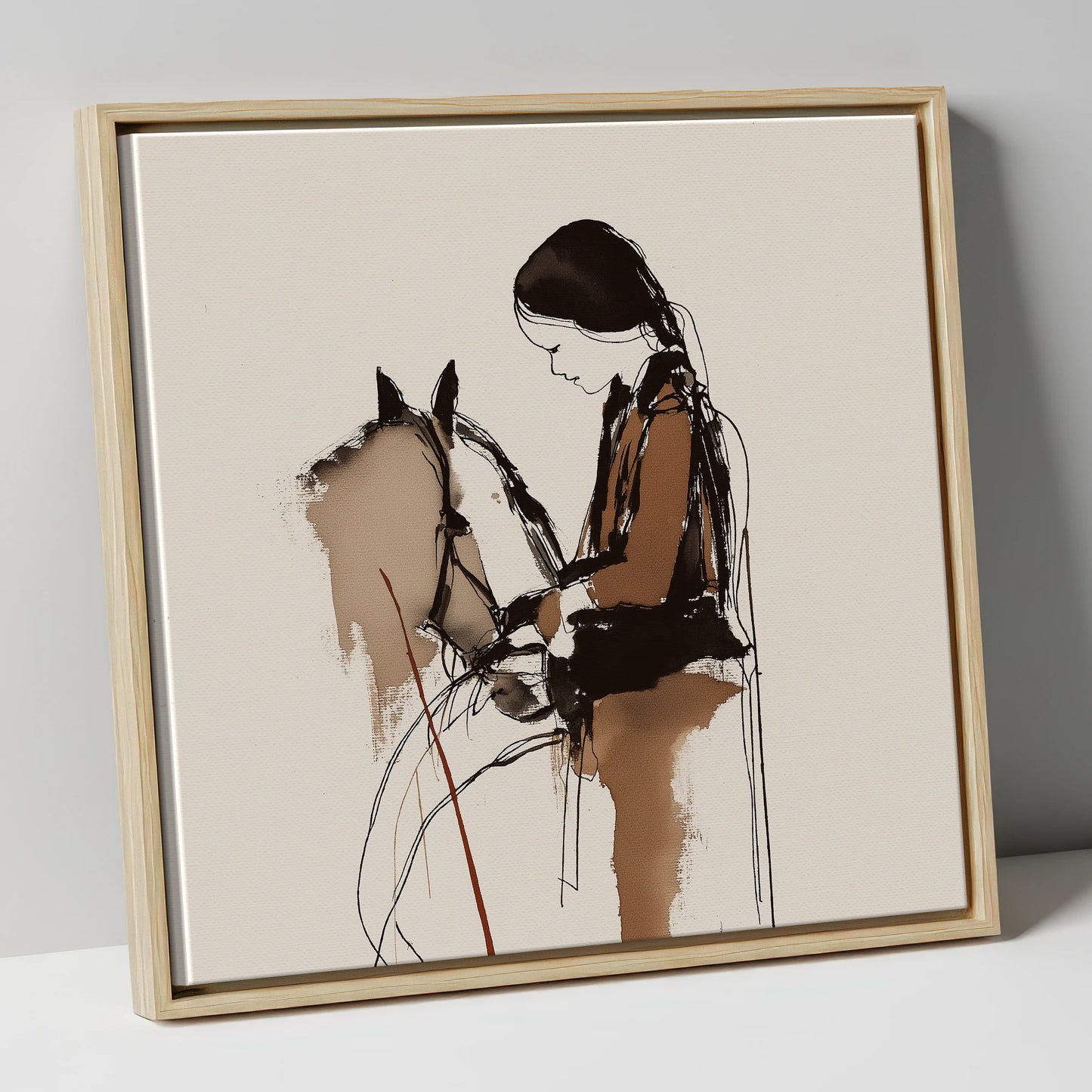 Silent Dialogue horse & rider canvas wall art in natural frame