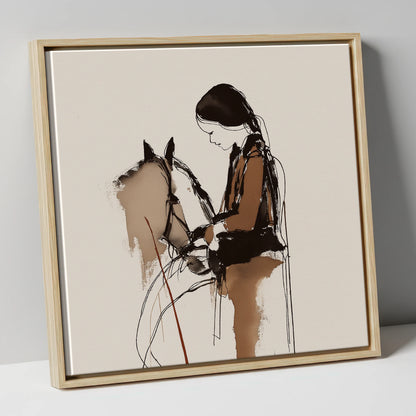Silent Dialogue horse & rider canvas wall art in natural frame