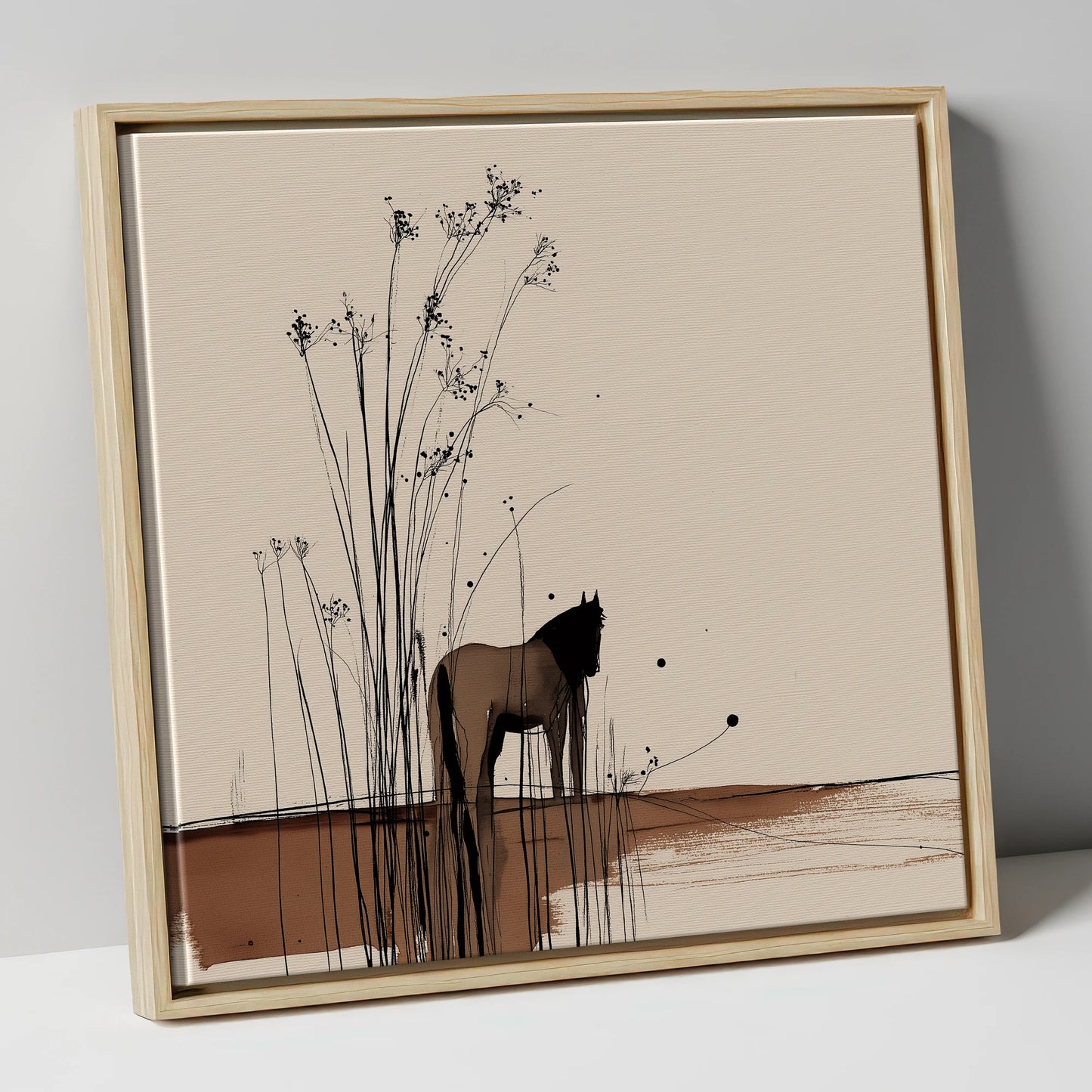 Whispers in the Reeds horse landscape canvas wall art in natural frame