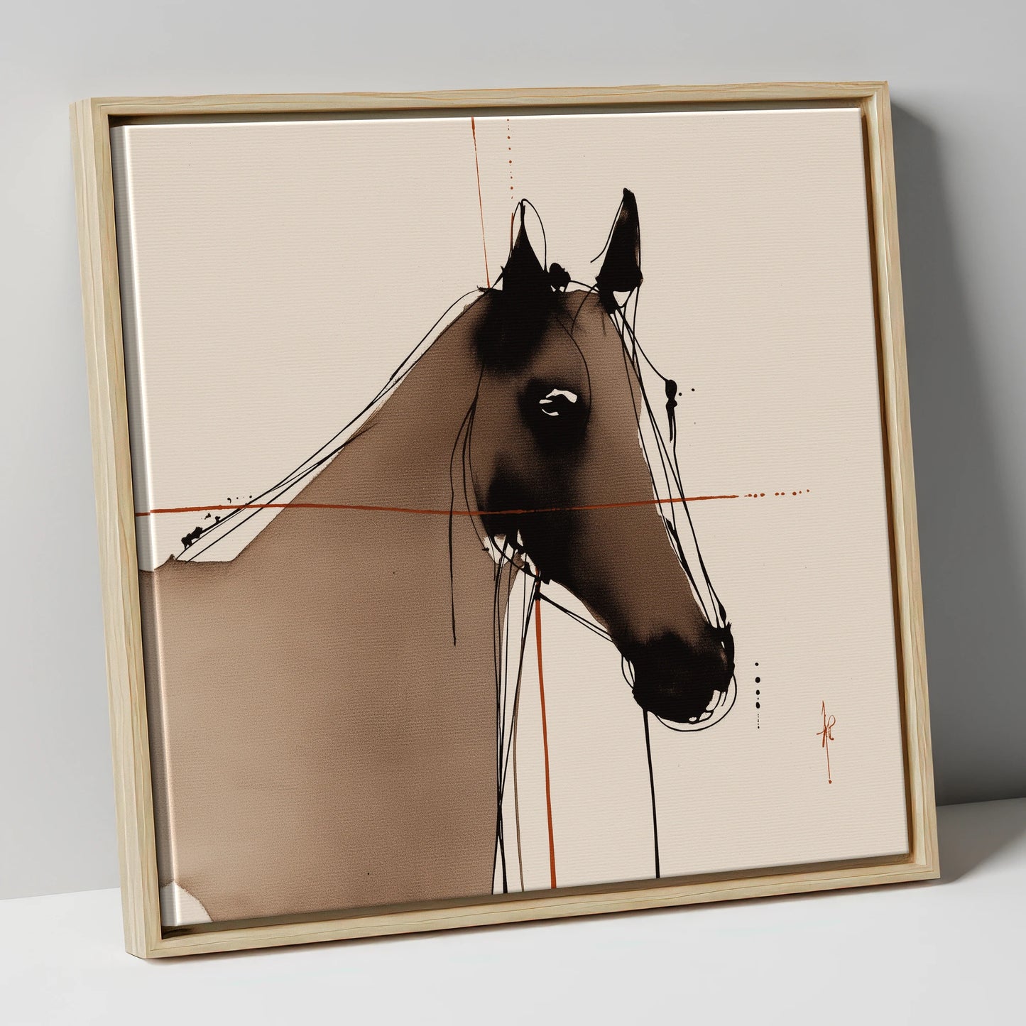 Sepia Equine Silhouette horse portrait canvas wall art in natural frame