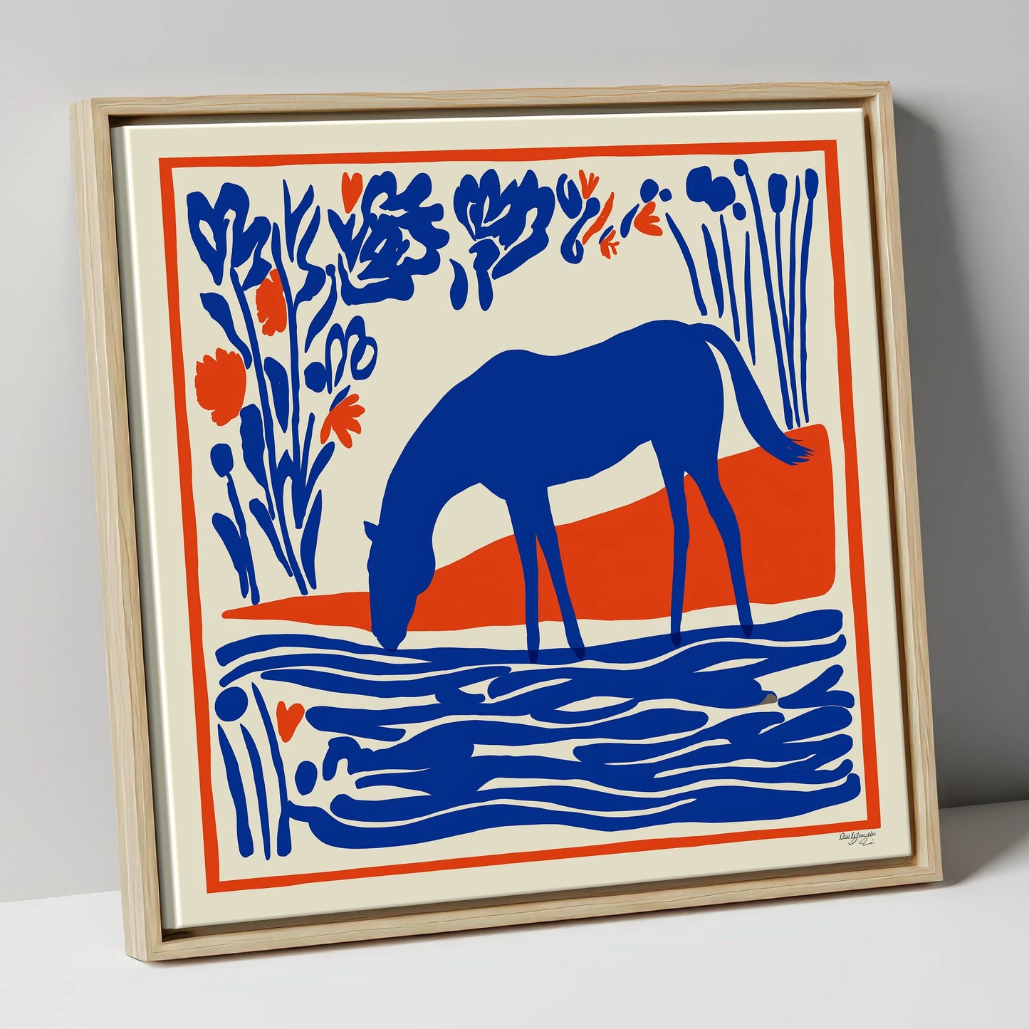 Cobalt Equine Oasis horse landscape canvas wall art in natural frame