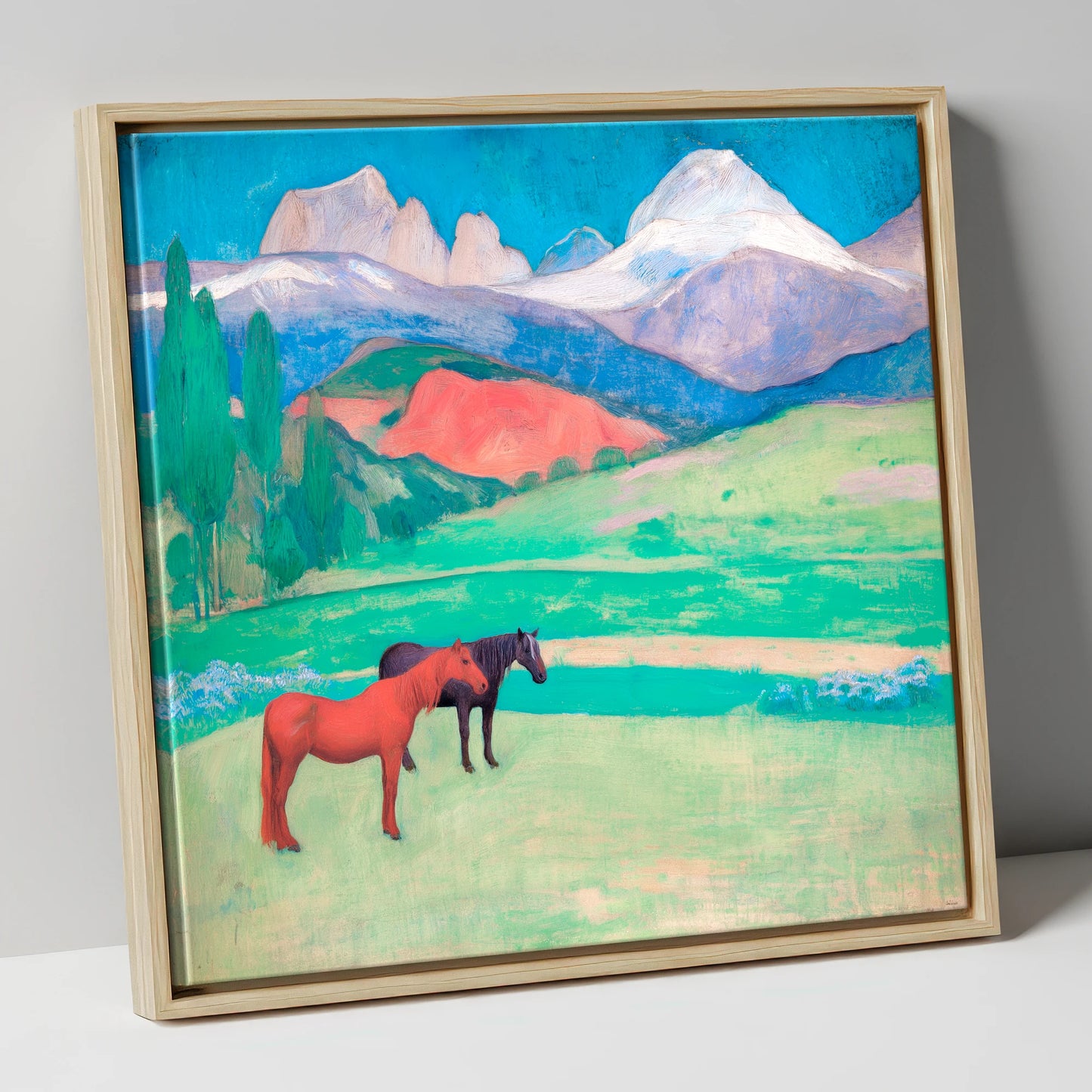 Crimson Mountain Companions horse landscape canvas wall art in natural frame