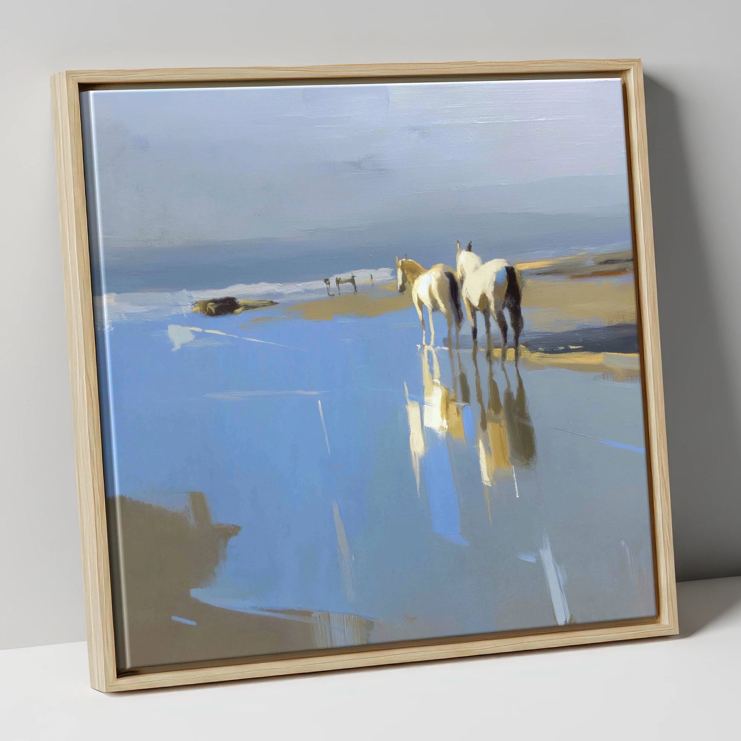 Sunlit Coastal Reflections horse landscape canvas wall art in natural frame
