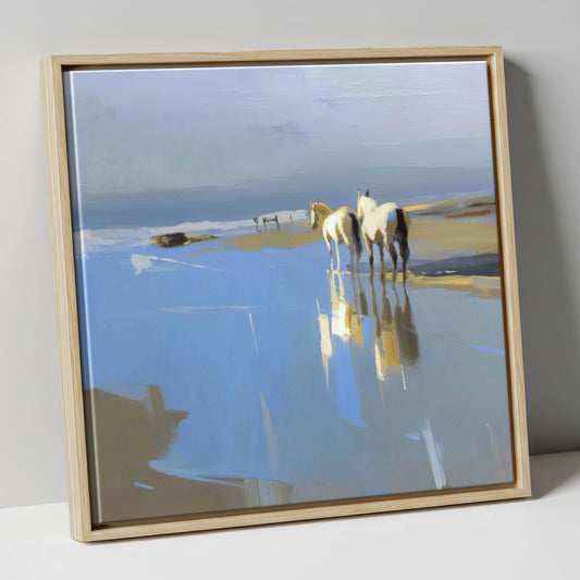 Sunlit Coastal Reflections horse landscape canvas wall art in natural frame