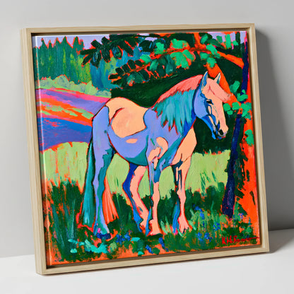 Vibrant Blue Horse Under Tree horse breed canvas wall art in natural frame