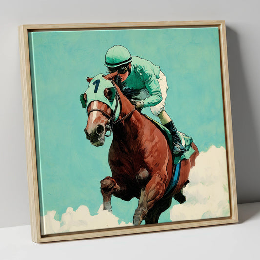 Flight of the Champion racing horse canvas wall art in natural frame