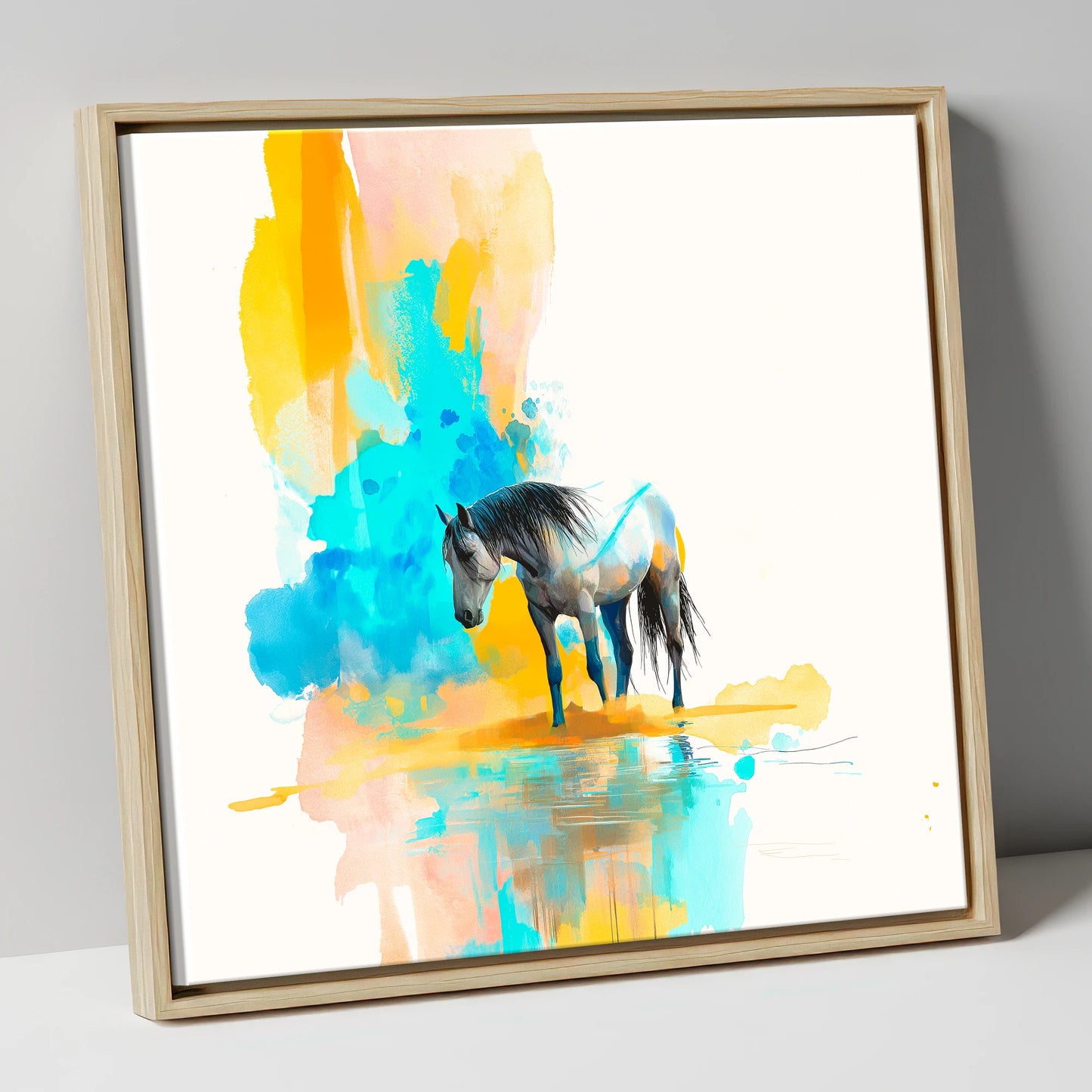 Vibrant Grey Reflection horse portrait canvas wall art in natural frame
