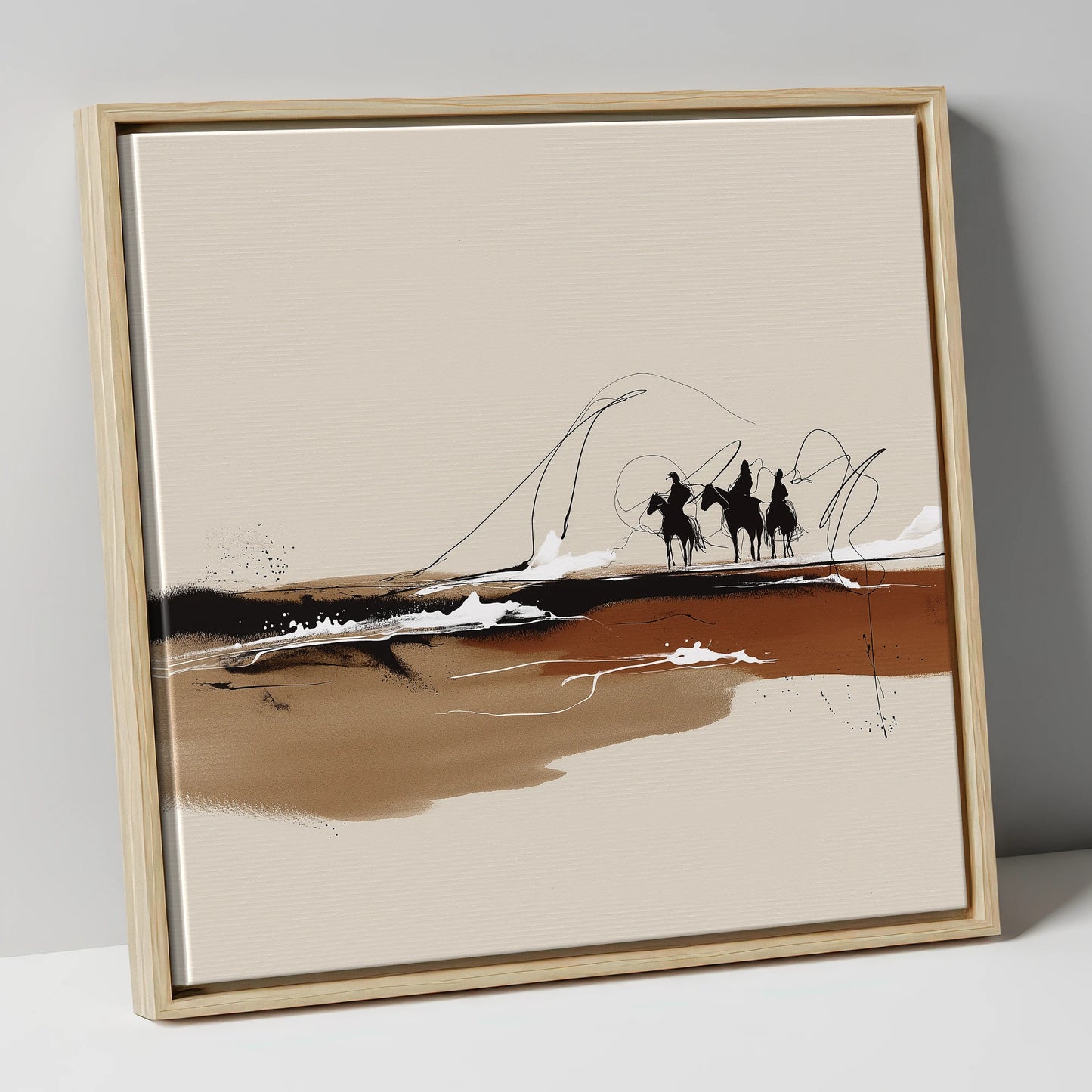 Riders of the Plains western horse canvas wall art in natural frame