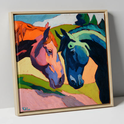 Vibrant Equine Connection horse portrait canvas wall art in natural frame