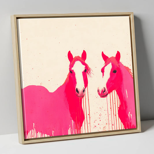 Vivid Pink Companions horse landscape canvas wall art in natural frame