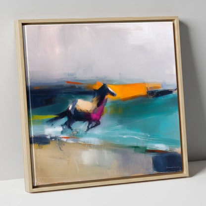 Vivid Coastal Gallop beach horse canvas wall art in natural frame