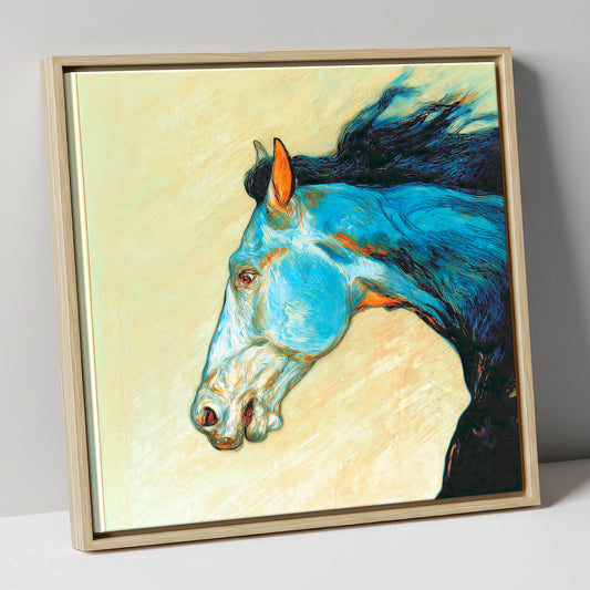 Cerulean Spirit racing horse canvas wall art in natural frame