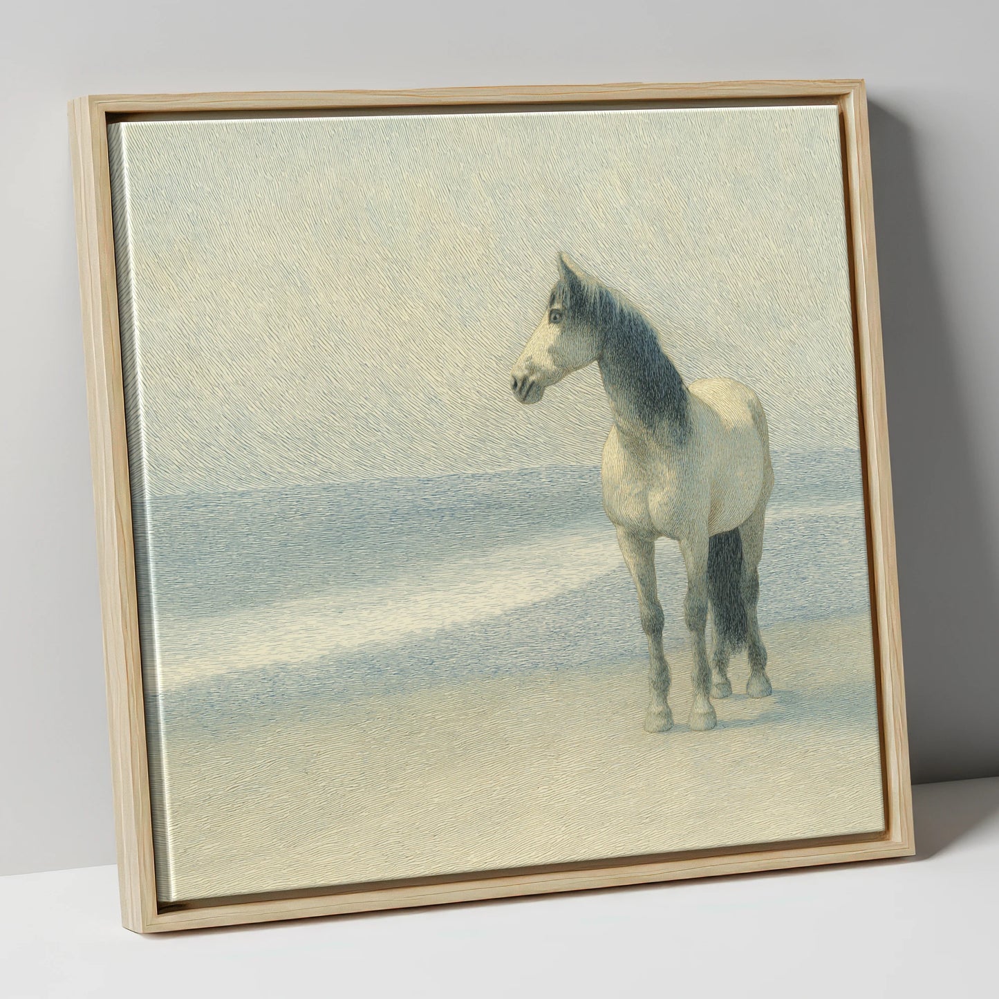Solitary Shoreline Grey horse landscape canvas wall art in natural frame