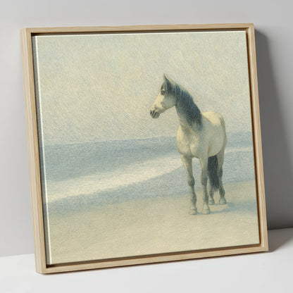 Solitary Shoreline Grey horse landscape canvas wall art in natural frame