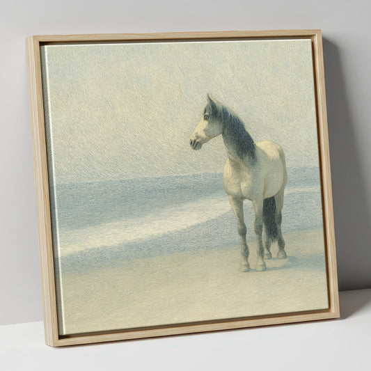 Solitary Shoreline Grey horse landscape canvas wall art in natural frame