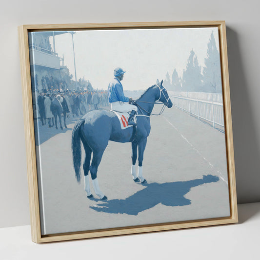 Waiting at the Rails racing horse canvas wall art in natural frame