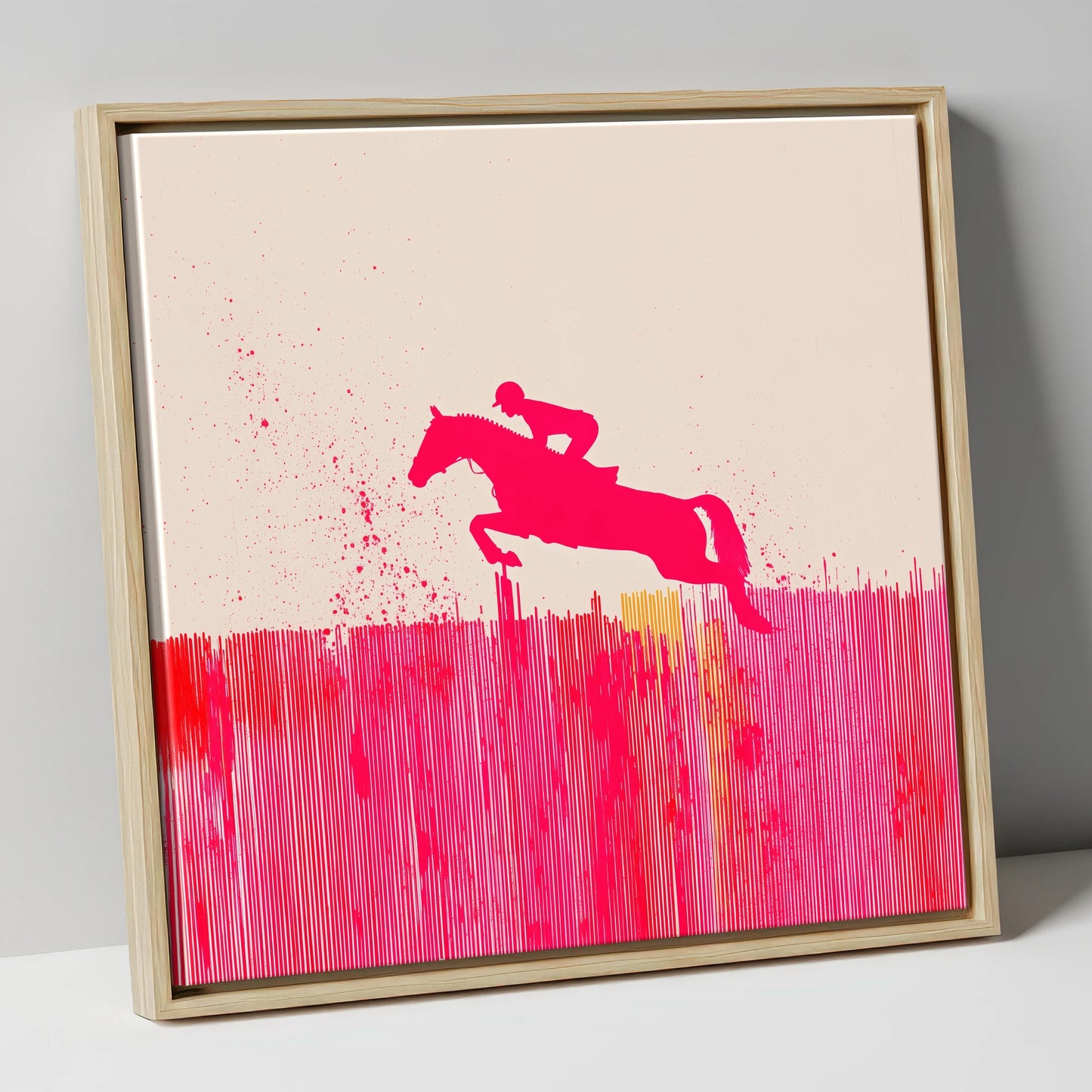 Vibrant Magenta Leap show jumping horse canvas wall art in natural frame