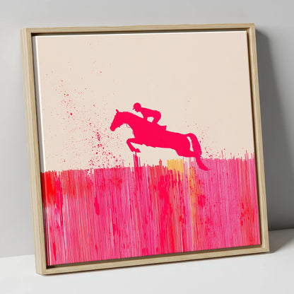 Vibrant Magenta Leap show jumping horse canvas wall art in natural frame