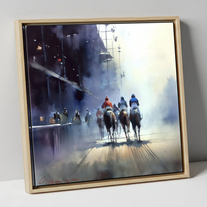 Towards the Post racing horse canvas wall art in natural frame