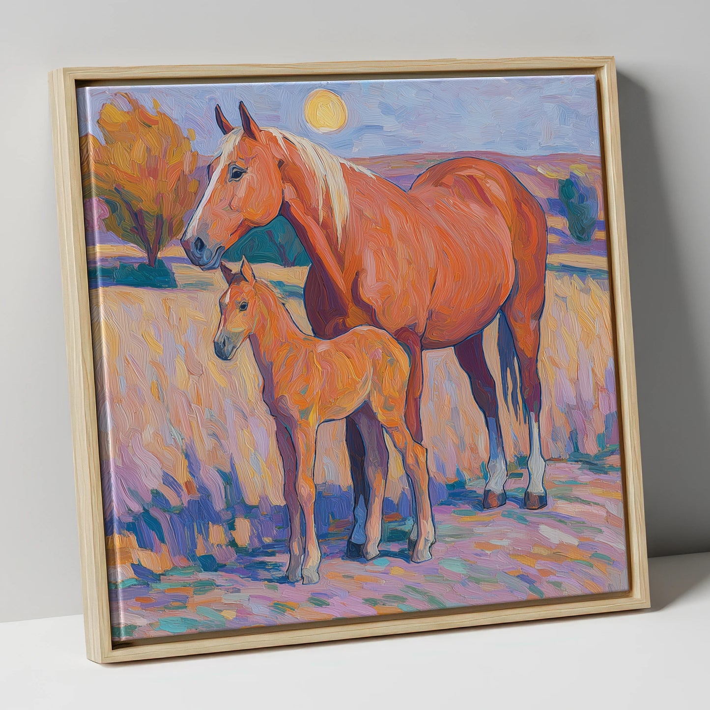 Radiant Chestnut Bond mare & foal canvas wall art in natural frame